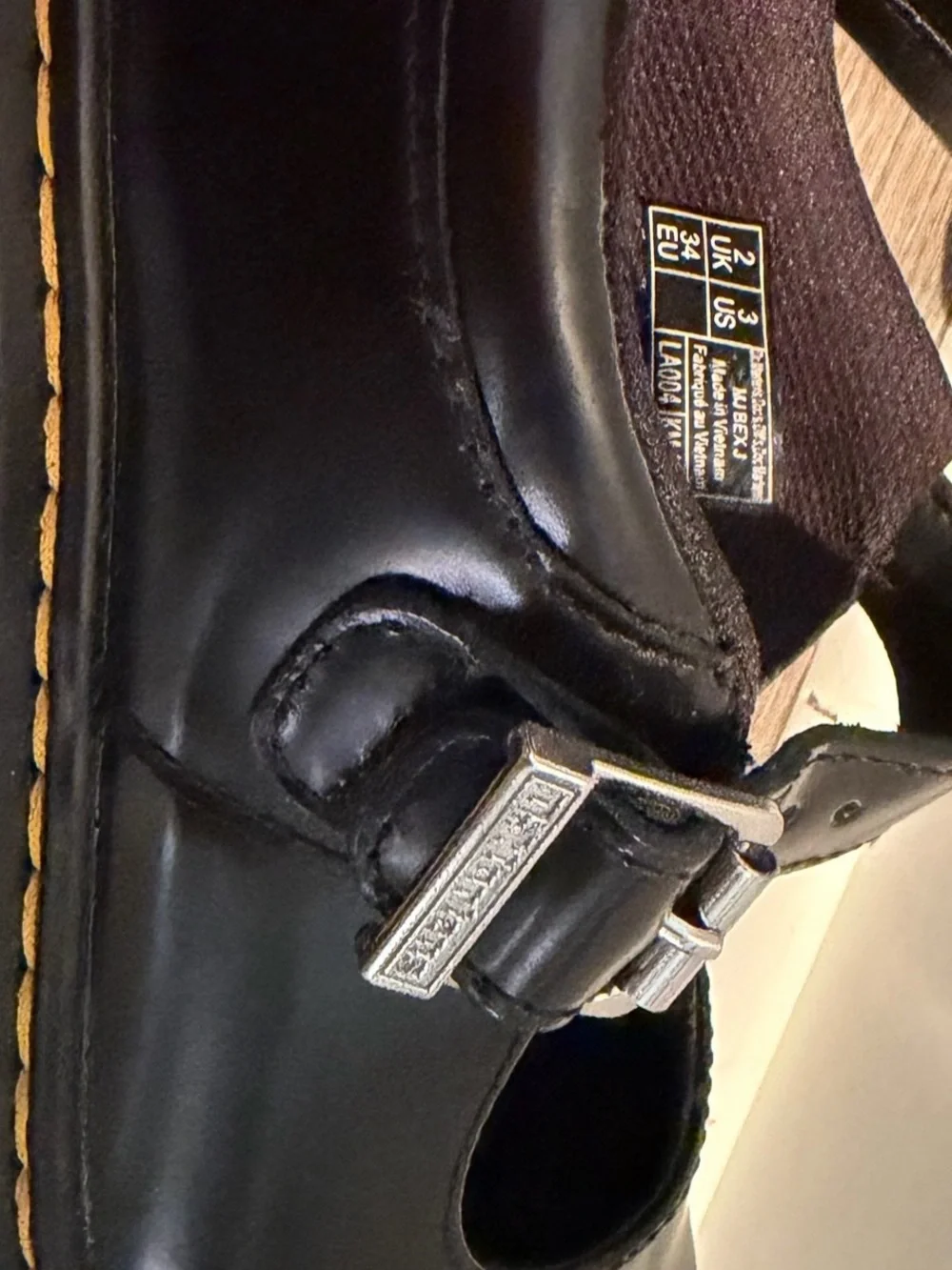 Dr. Martens Black Girls Mary Jane Buckle Shoes with Yellow Welt Stitch